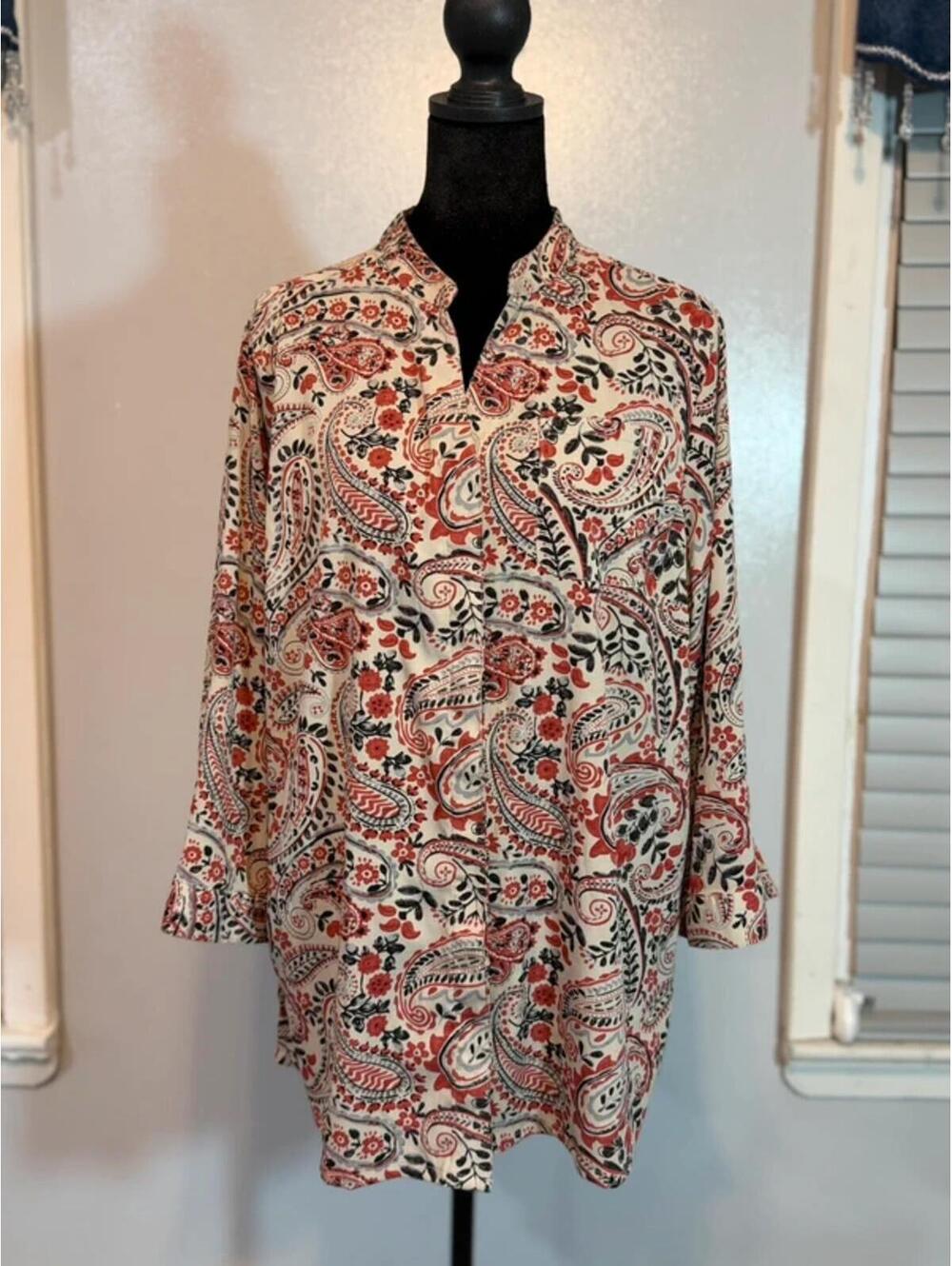 Paisley Tunic Blouse Women Large Boho Lightweight 3/4 Sleeve Work Top